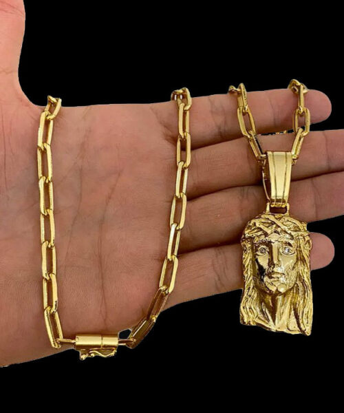 Corrente Cadeado Alongado (7mm) + Pingente Rosto de Cristo - Banhado a Ouro 18k