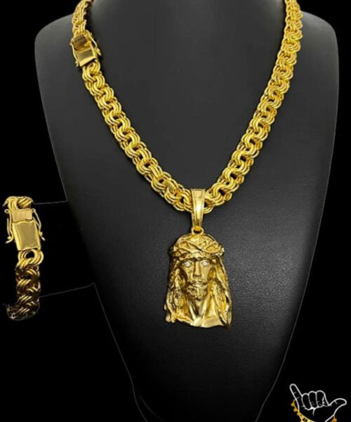 Kit Corrente Friso (12mm) + Pulseira + Pingente Rosto de Cristo - Banhado a Ouro 18k
