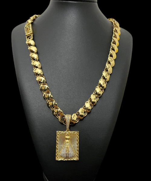 Corrente Friso s (12mm) + Pingente Nossa Sra - Banhado a Ouro 18k