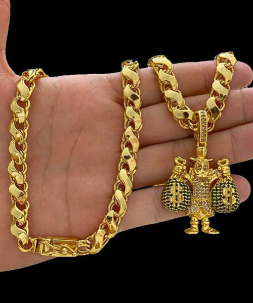 Corrente Friso s Dupla Face (8mm) + Pingente Tio - Banhado a Ouro 18k