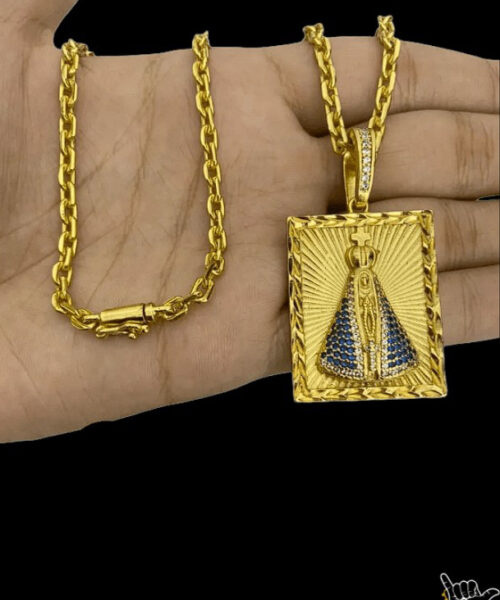 Corrente Cadeado (4mm) + Pingente Nossa Senhora - Banhado a Ouro 18k
