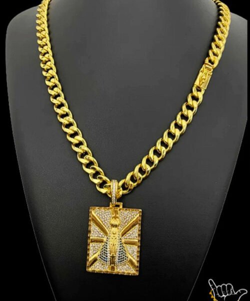 Corrente Pitbull (10mm) + Pingente Nossa Sra - Banhado a Ouro 18k