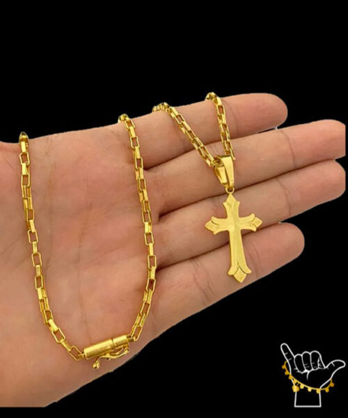 Corrente Tijolinho (3mm) + Pingente Cruz - Banhado a Ouro 18k