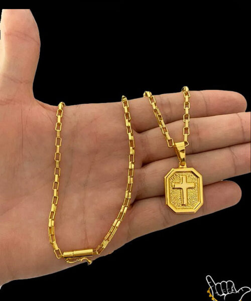 Corrente Tijolinho (3mm) + Pingente Cruz - Banhado a Ouro 18k