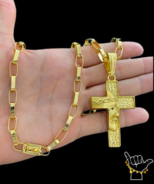 Corrente Tijolinho (8mm) + Pingente Crucifixo - Banhado a Ouro 18k