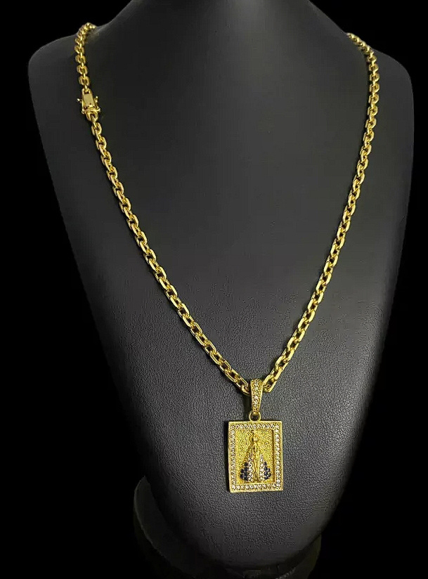 Cadeado 5Mm Pingente Nossa Senhora Banhado A Ouro 18K Preto