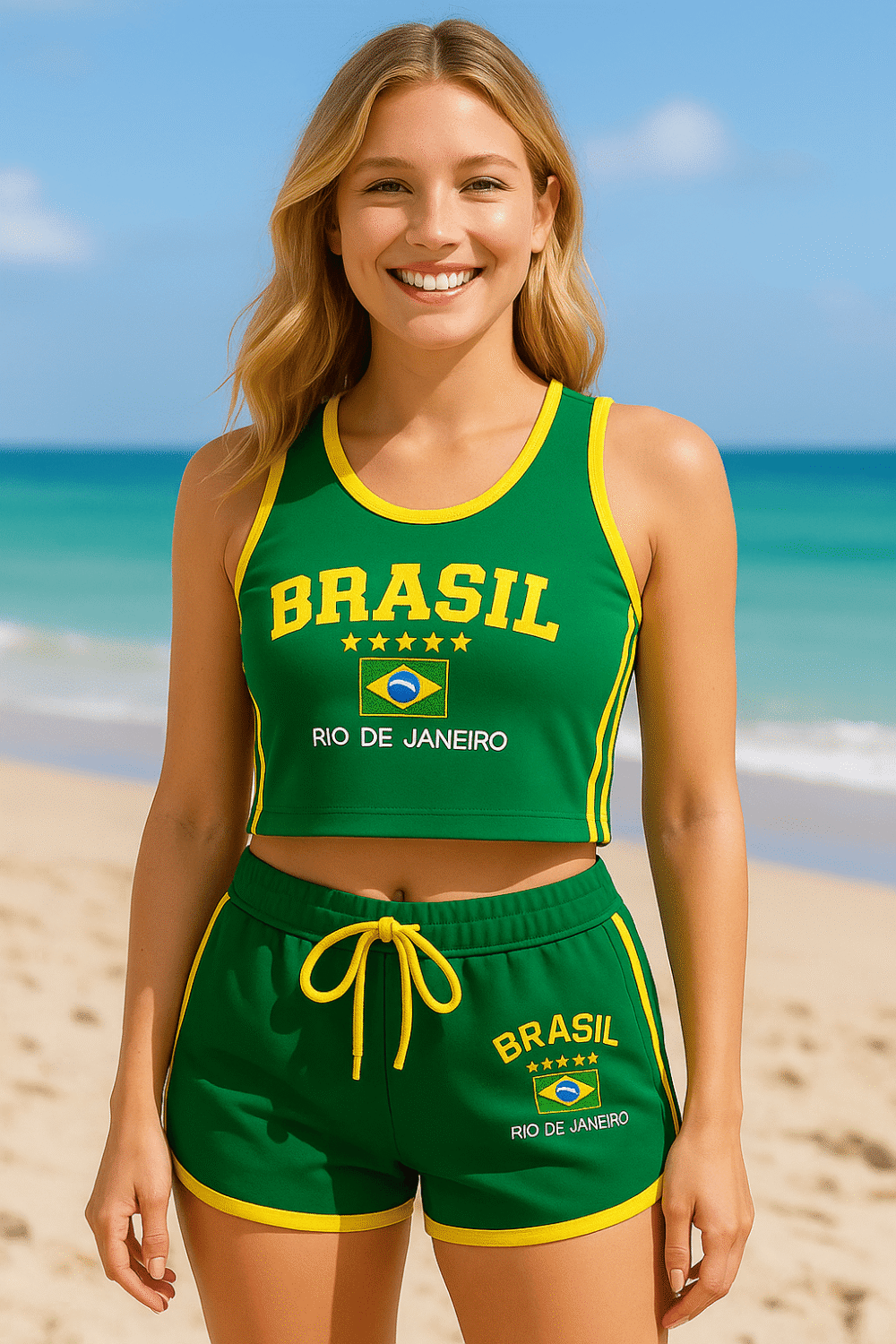 Regata Cropped+ Short Do Brasil Bordado Retrô - Imagem 3