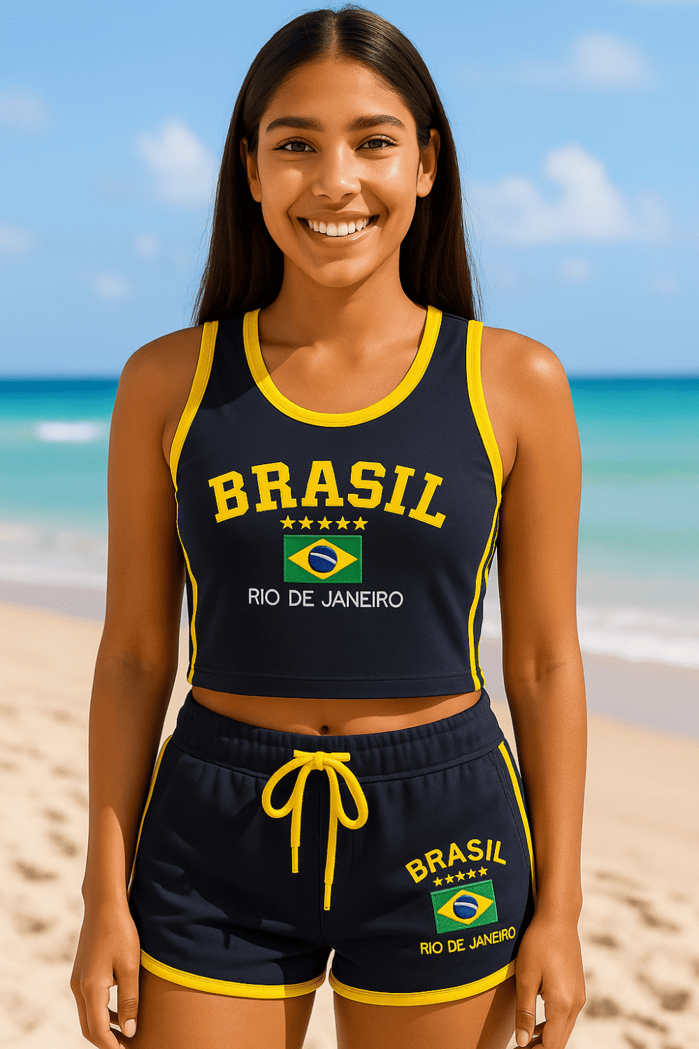Regata Cropped+ Short Do Brasil Bordado Retrô