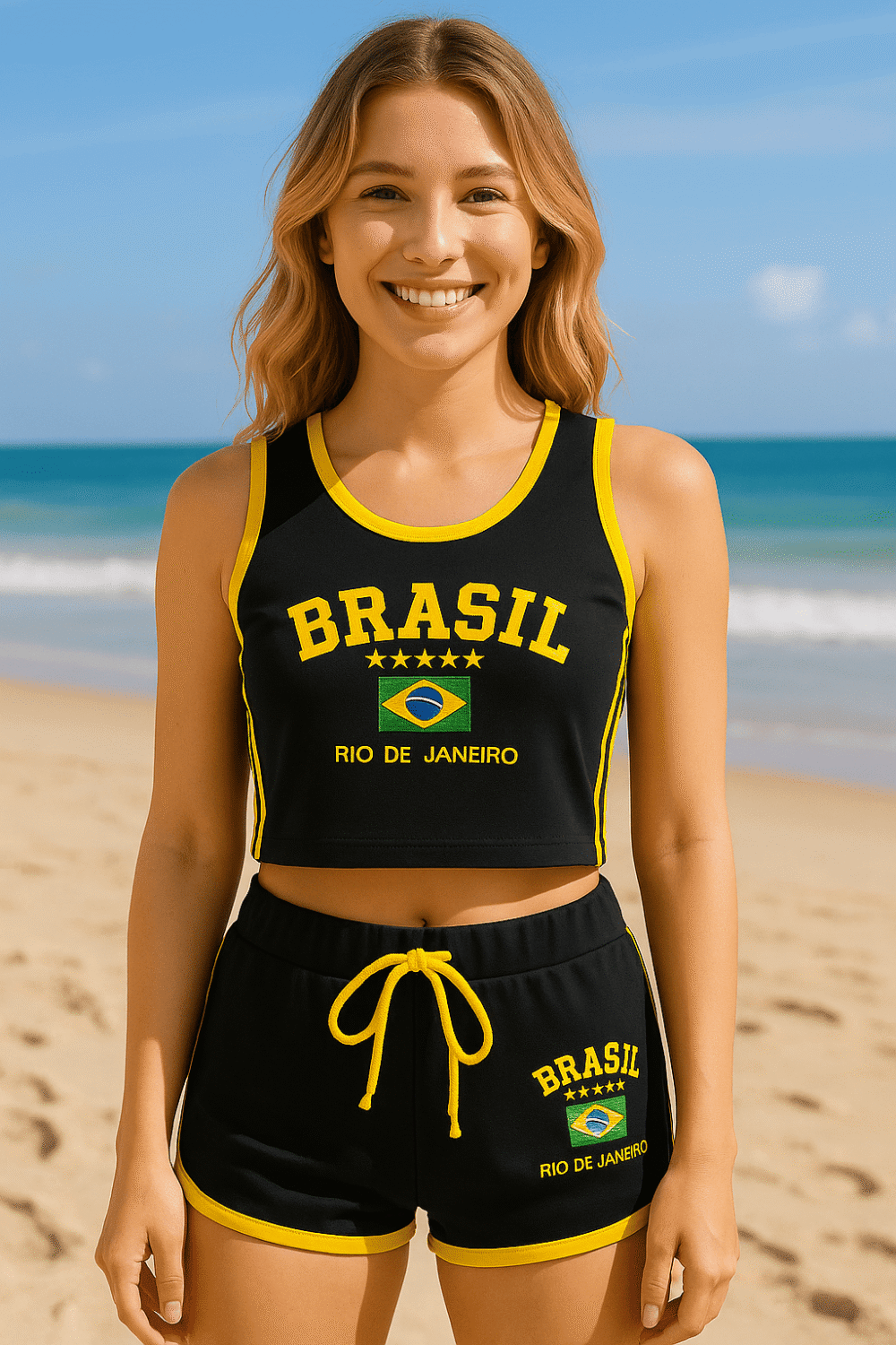 Regata Cropped+ Short Do Brasil Bordado Retrô - Imagem 6