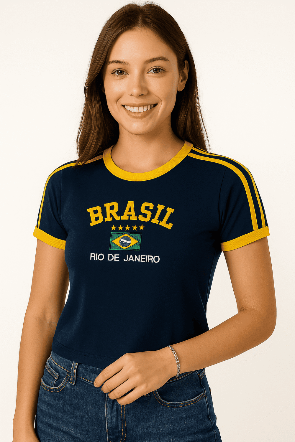 Camisa Do Brasil Feminina Bordada Retrô - Babylook - Imagem 28