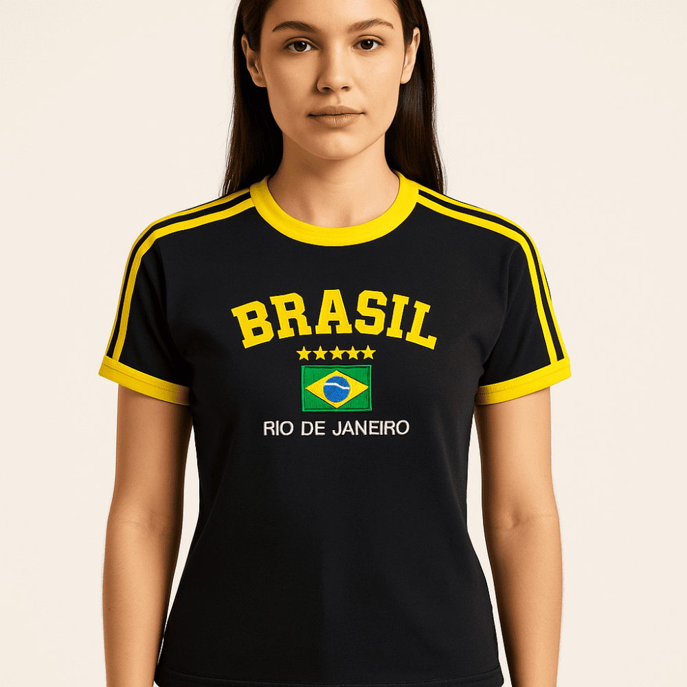 Camisa Do Brasil Feminina Bordada Retrô - Babylook - Imagem 17