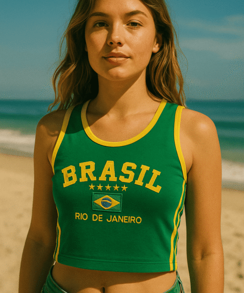 Regata Cropped do Brasil Bordada Retrô Vintage