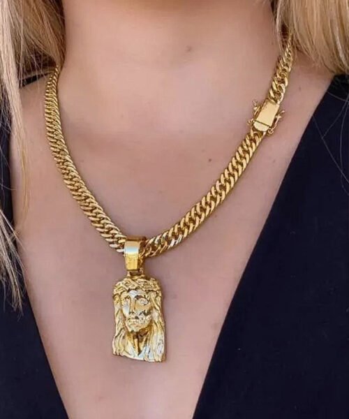 Cordão Grumet 10mm + Pingente Jesus Cristo - Feminino - Banhado a Ouro 18k