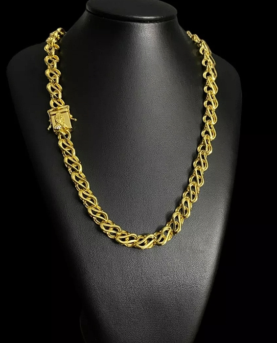 Cordao 12Mm Friso S Vazado Fecho Mao Orando Banhado Ouro 18K 2