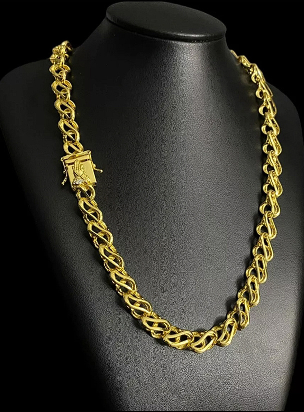 Cordao 12Mm Friso S Vazado Fecho Mao Orando Banhado Ouro 18K Preto
