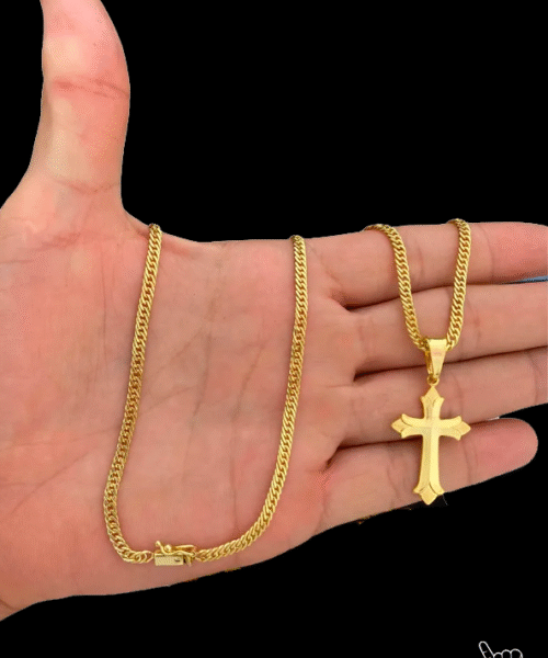 Corrente Grumet Lacraia (3mm) + Pingente Crucifixo - Banhado a Ouro 18k