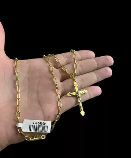 Cordão 5mm Meia Cana + Crucifixo Relevo - Banhado A Ouro 18k