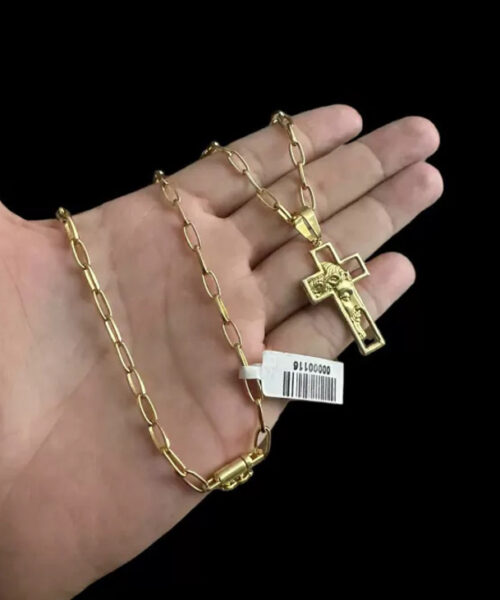 Cordão 5mm Meia Cana + Cruz Face De Cristo - Banhado Ouro 18k