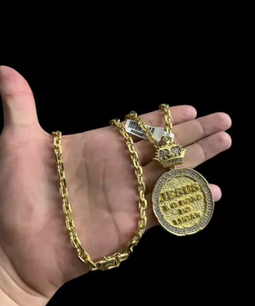 Cordão 6mm Cadeado + Pingente Jesus É O Dono - Banhado A Ouro