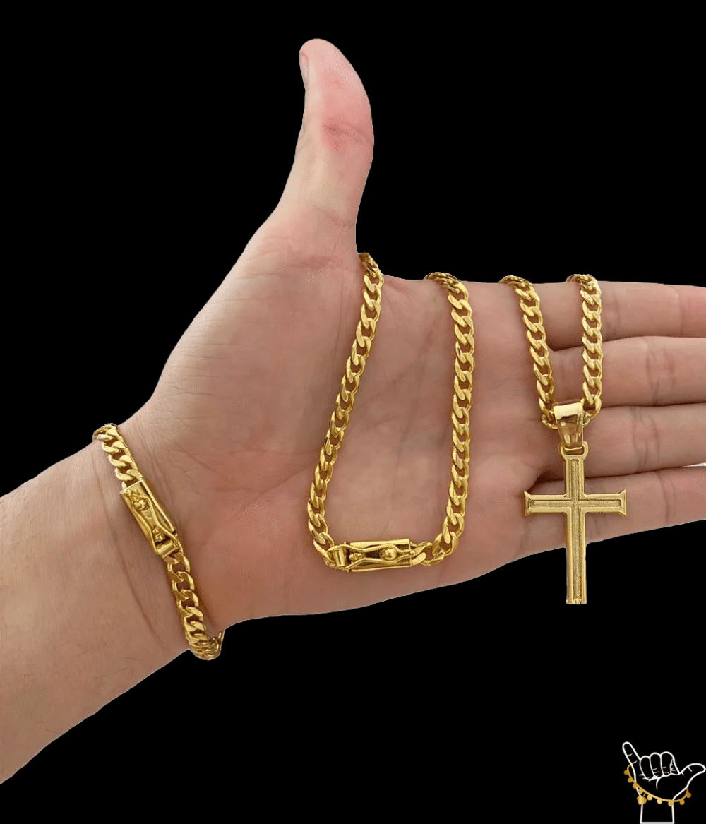 Kit Conjunto Pitbull (6Mm) Corrente + Pulseira + Pingente Cruz - Banhado A Ouro 18K