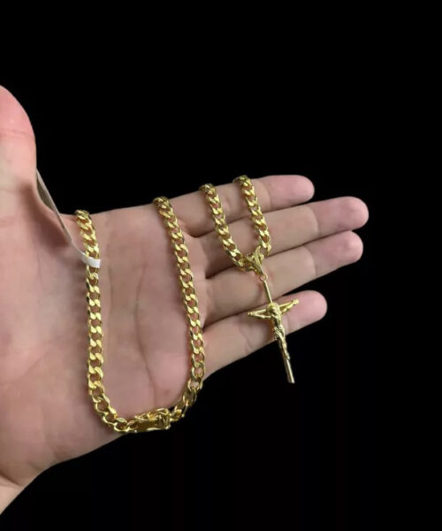 Cordão 6mm Pit Bull + Pingente Crucifixo 3d - Banhado Ouro 18k