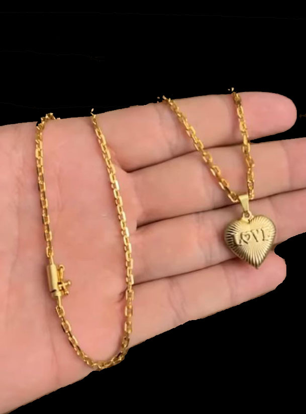 Cordao Cadeado 3Mm Pingente Coracao Love Banhado A Ouro 18K