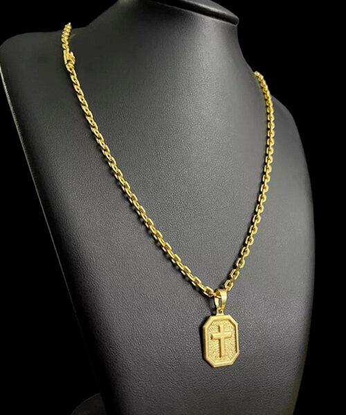 Cordão Cadeado 4mm + Pingente Cruz Placa - Banhado a Ouro 18k