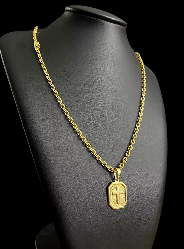 Cordao Cadeado 4Mm Pingente Crucifixo Banhado Ouro 18K Preto