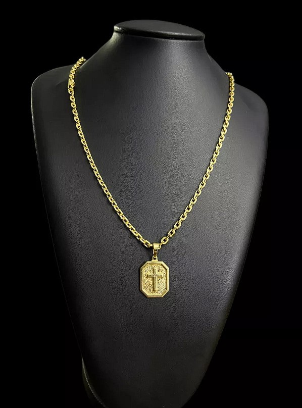 Cordao Cadeado 4Mm Pingente Crucifixo Banhado Ouro 18K2