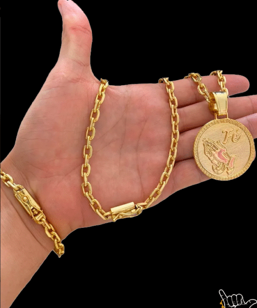 Kit Corrente Cadeado (6mm) + Pulseira + Pingente Fé - Banhado a Ouro 18k