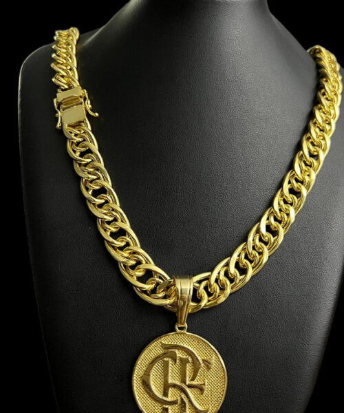 Cordão Romano 15mm + Pingente Flamengo - Banhado a Ouro 18k