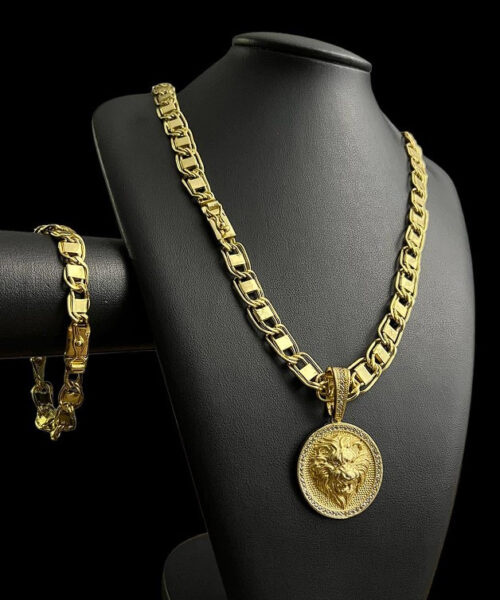Cordão e Pulseira Dubai 10mm  + Pingente Leão - Banhado a ouro 18k