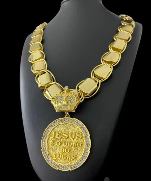 Cordão Dubai Supremo 22mm + Pingente Jesus É Dono - Banhado A Ouro 18k