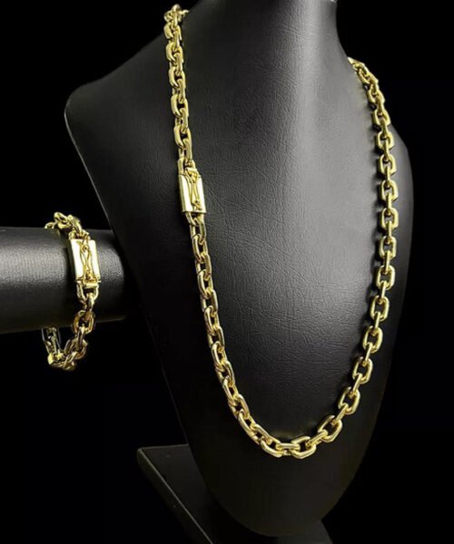 Corrente Cadeado (12mm) + Pulseira - Banhado a Ouro 18k