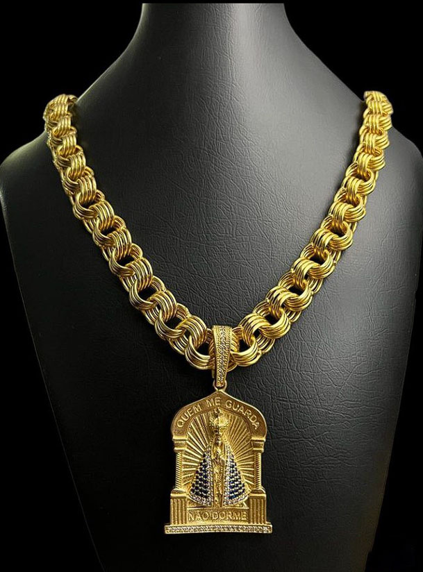 Cordao Friso 15Mm Pingente Nossa Senhora Banhado A Ouro 18K Preto