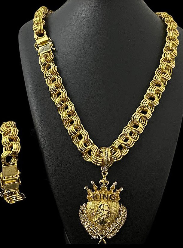 Cordao Friso 18Mm Pulseira Ping Jesus Banhado A Ouro 18K2