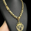 Cordao Friso S 13Mm Pingente Fe Coroa Banhado A Ouro Preto