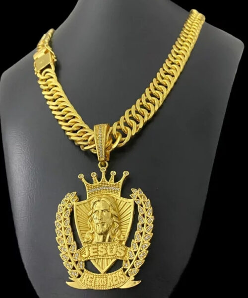 Cordão Grumet 15mm Pingente Jesus Rei - Banhado A Ouro 18k