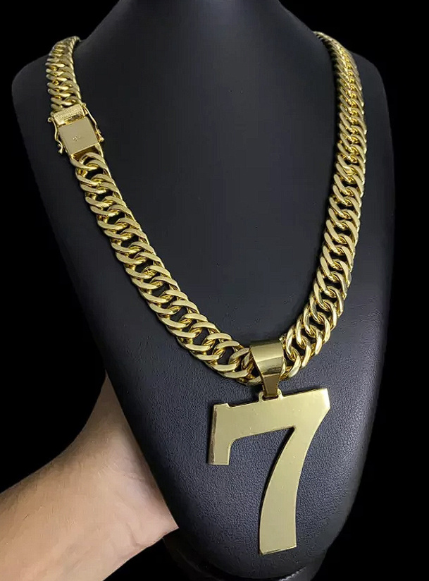 Cordao Grumet 15Mm Pingente Numero 7 Banhado A Ouro 18K Preto