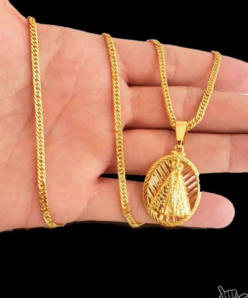Corrente Grumet Lacraia (3mm) + Pingente Nossa Senhora - Banhado a Ouro 18k