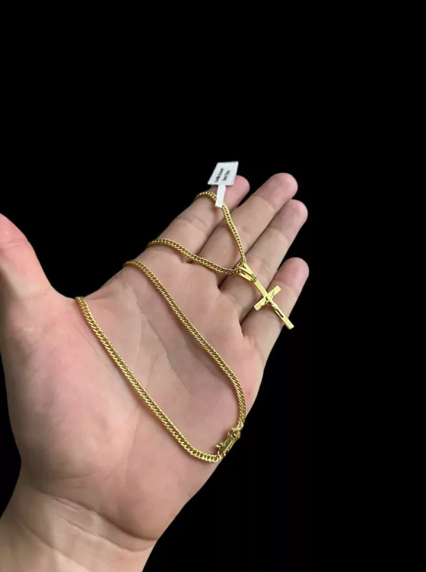 Cordao Grumet 3Mm Pingente Cruz Jesus 3D Banhado Ouro 18K 2