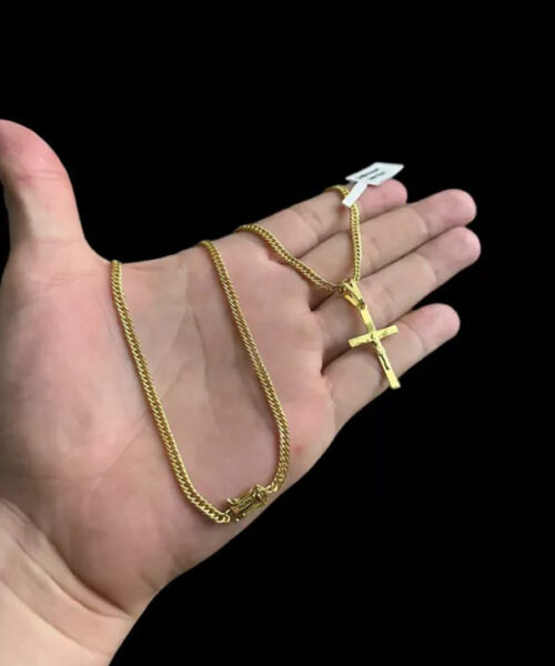Cordão Grumet 3mm + Pingente Cruz Jesus 3d Banhado Ouro 18k