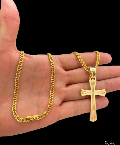 Corrente Grumet Lacraia (5mm) + Pingente Crucifixo - Banhado a Ouro 18k