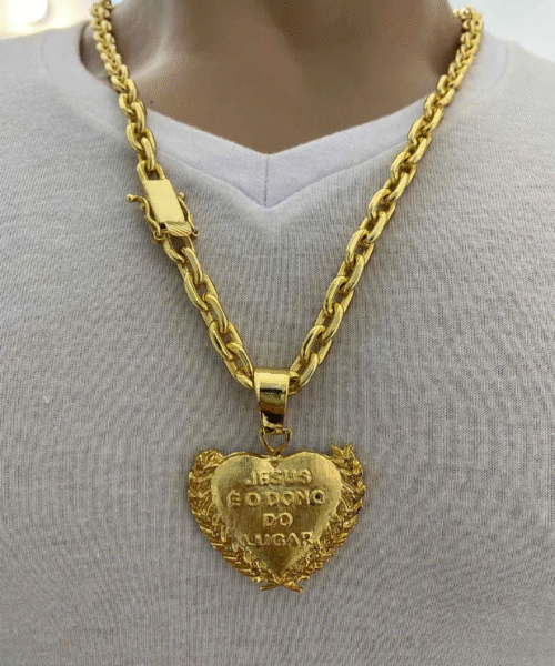 Corrente Cadeado (10mm) + Pingente Jesus Frase - Banhado a Ouro 18k