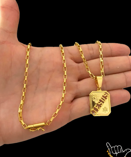 Corrente Tijolinho (3mm) + Pingente Jesus Placa - Banhado a Ouro 18k