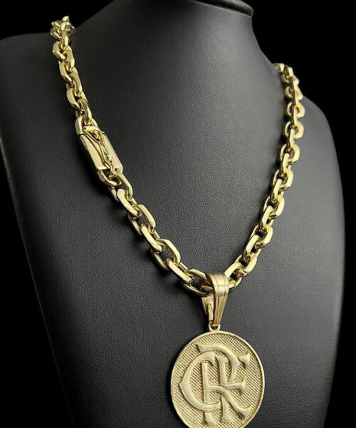 Cordão Cadeado 12mm + Pingente Flamengo - Banhado a Ouro 18k
