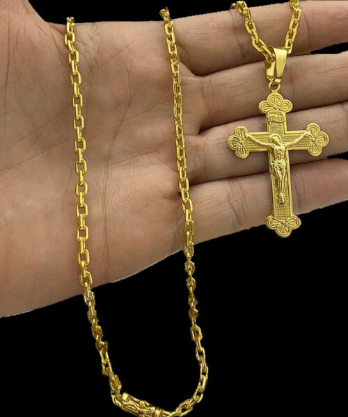 Cordão Cadeado 4mm + Pingente Cruz - Banhado a Ouro 18k