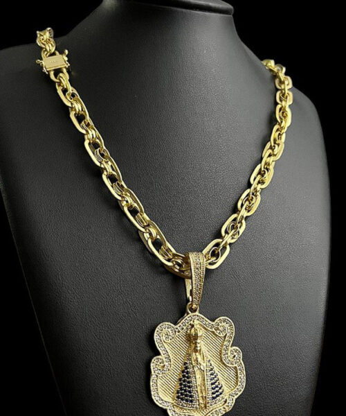 Cordão Imperador 10mm + Pingente Nossa Senhora - Banhado a Ouro 18k