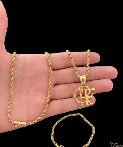 Corrente Baiano (5mm) + Pulseira + Pingente Flamengo - Banhado a Ouro 18k