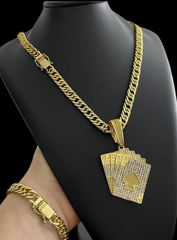 Cordao Pulseira Grumet 10Mm Pingente Baralho – Banhado A Ouro 2